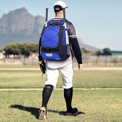 DAFISKY Baseball Bag Softball Backpack - Youth Adult T Ball Bat Equipment Bag with Bat Helmet Holders, Shoe Compartment - color: Blue