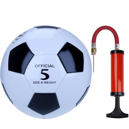 Classic Black & White Soccer Ball with Pump – Machine Stitched PU Leather Training Ball for Indoor & Outdoor Practice – Durable Recreational Football – Sizes3/4/5