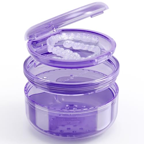 Denture Case Retainer Cleaning Case: 2 in 1 Retainer Case, No-Leak Denture Bath Box Cup, Complete Clean Care for Dentures, Clear Braces, Mouth Guard, Night Guard & Retainers - color: Purple