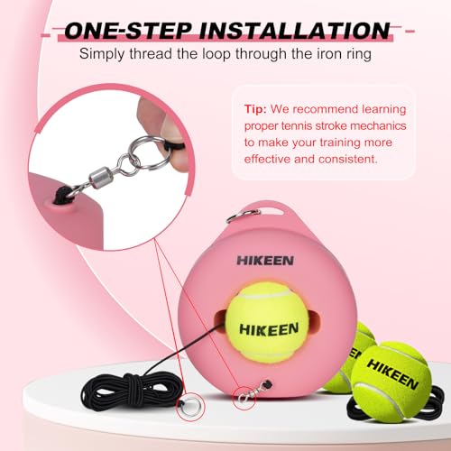 Hikeen Premium Tennis Trainer Rebound with Metal Base,Portable Solo Tennis Trainer Set with 3 Highly Elastic String Balls,Tennis Practice Equipment for Adult Kids an Beginners - style: Pink