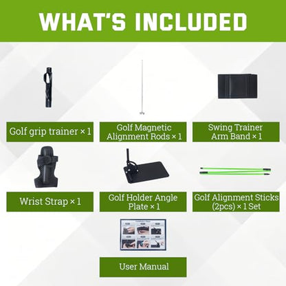WodGod Golf Swing Correction Training Kit – Grip Alignment Trainer, Telescopic Swing Direction Indicator, Wrist & Arm Strap, Foldable Metal Angle Corrector & Dual Folding Alignment Sticks