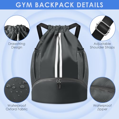 BROTOU Soccer Bags, Football Backpack, Volleyball Bag, Drawstring Backpack with Ball and Shoe Compartment, Football bags for Equipment Swim Gym Bag - color: Dark Gray