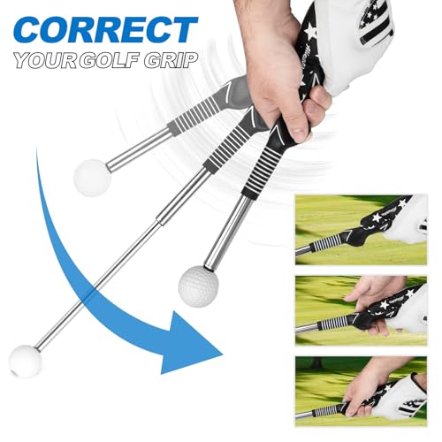 5-in-1 Retractable Golf Swing Training Aid, Indoor & Outdoor Practice Golf Swing Trainer with Arm Band Right/Left-Handed Swing Mechanics for Beginners & Tempo Training for Advanced, Click Feedback
