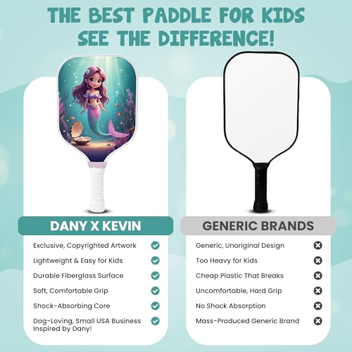 Kids Pickleball Paddle Designed for Ages 3–12 | Lightweight Fiberglass (0.37 lbs) | Small Grip for Easy Control | Fun Beginner Gift for Girls, Toddlers & Youth - color: Mermaid