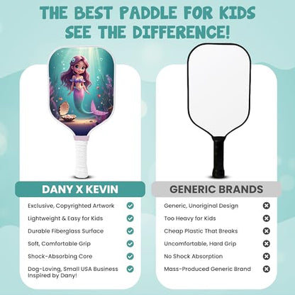 Kids Pickleball Paddle Designed for Ages 3–12 | Lightweight Fiberglass (0.37 lbs) | Small Grip for Easy Control | Fun Beginner Gift for Girls, Toddlers & Youth - color: Mermaid