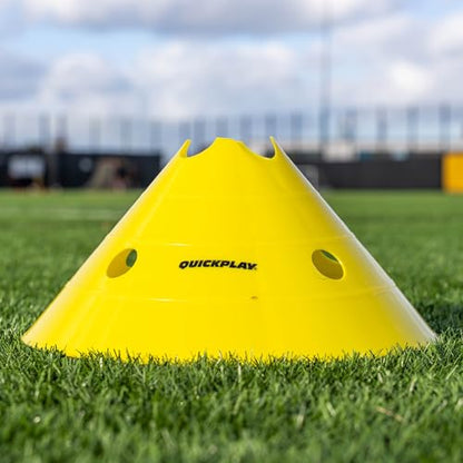 QUICKPLAY Super Cone Speed Markers Set of 16, Heavy Duty Sports Training Cones with Wide Base, 5.5 Inch Height, Portable with Carry Stand, for Soccer Agility Drills