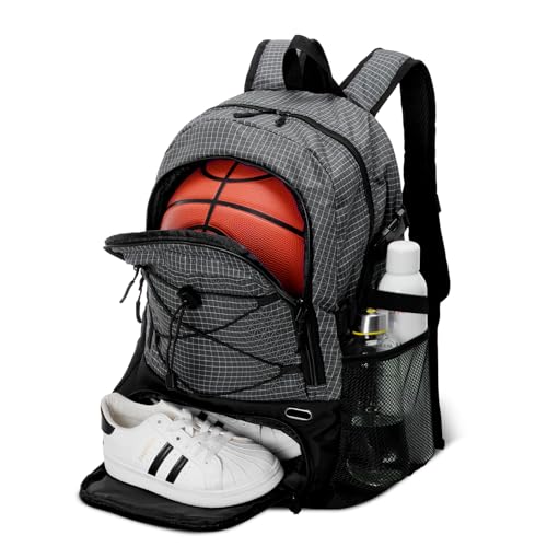 HUA ANGEL Basketball Backpack, Large Sports Bag with Separate Ball Holder & Shoe Compartment, Men/Women Gym Backpack for Basketball Soccer Volleyball - color: Gray
