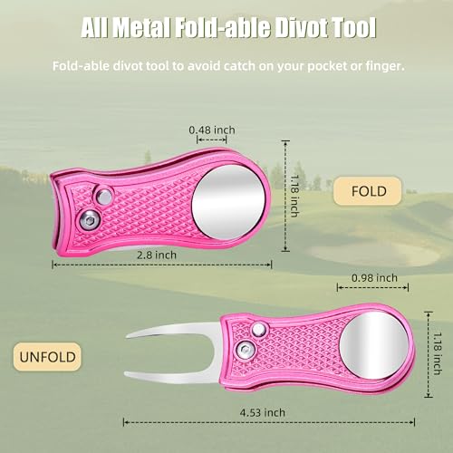 Mile High Life Golf Divot Repair Tool, All Metal Foldable Divot Tool with Pop-up Button & Magnetic Ball Marker - color: Pink Bone