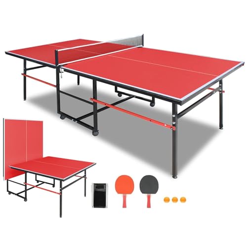 Ping Pong Table Foldable & Portable 6/8/9FT Table Tennis Table Set for Indoor & Outdoor Games with Net & Post, 2 Table Tennis Paddles and 3 Balls - color: Red-8x4FT