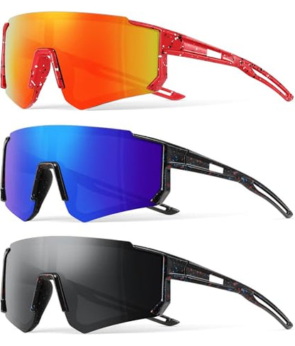 3PACK Kids Sunglasses Youth Baseball Sunglasses for Boys Girls Age 4-12,Softball Sports Cycling Goggles UV Protection - color: A07-black+red Red+deep Blue
