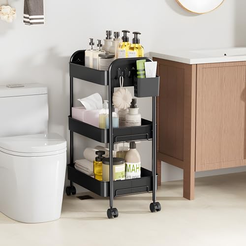 Heavy-Duty Rolling Cart 3 Tier Metal Utility Storage Cart with Casters, Hanging Cups, Hooks, Book Snack Craft Mesh Rolling Storage Organizer for Kitchen Office