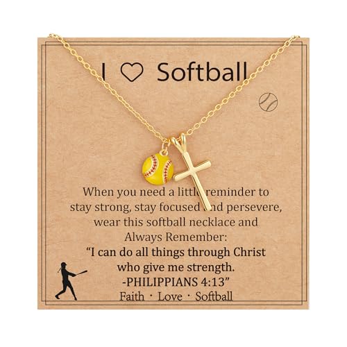 Gnamy Softball/Volleyball/Basketball/Soccer Necklace for Teen Girls Women, Gold/Silver Cross Pendant Sport Accessories Christian Religious Jewelry Gifts for Teens Kids Lovers - color: Gold, style: Softball