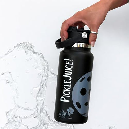 Maui Pickleball Co.™ Pickleball Water Bottle 32oz Insulated Stainless Steel Water Bottle PickleBall Accessories Pickleball Gifts Sip/Swig Lid with Carry Handle - color: Black Lava Sip/Swig