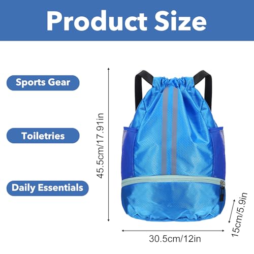 Drawstring Gym Bag with Shoe Compartment and Side Mesh Pockets, Waterproof Sports Drawstring Backpack, Wet and Dry Separation String Backpack for Women Men, Suitable for Fitness, Swimming, Football