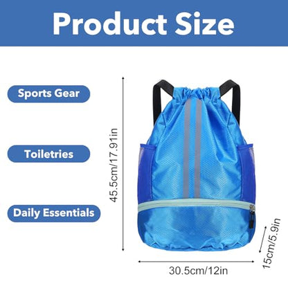 Drawstring Gym Bag with Shoe Compartment and Side Mesh Pockets, Waterproof Sports Drawstring Backpack, Wet and Dry Separation String Backpack for Women Men, Suitable for Fitness, Swimming, Football