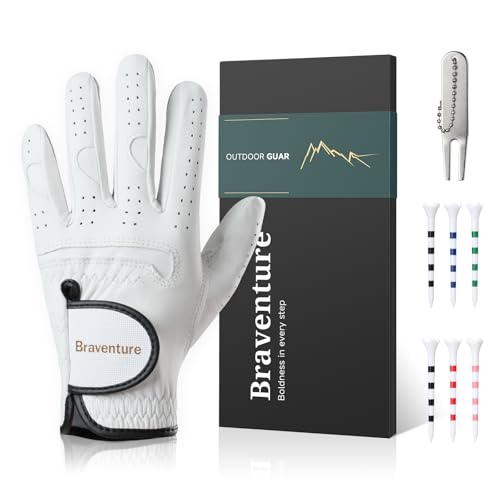 Braventure Kids Cabretta Leather Golf Glove – Breathable Washable Junior & Youth Glove for Boys Girls Age 5-13, Starter Set with 6 Tees, Divot Tool & Gift Box