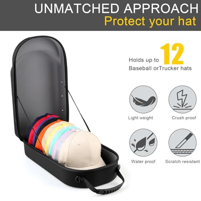 GERMUN Hard baseball hat case, Hat Carrier Travel Case with Adjustable Shoulder Strap, Hat cap case for 12 Baseball Caps - Perfect for Traveling & At-Home Storage (Black with Grey) - color: 12 Black Grey