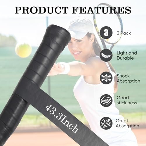 Tennis Racket Grip Tape, Ultra Thin Tacky Tennis Overgrip for Sweat Absorption & Control – Durable Anti-Slip Replacement Grip for Tennis, Badminton & Pickleball (3 Pack) - color: BLACK