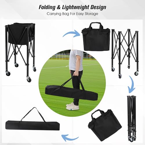 Portable Tennis Ball Hopper Holds 180 Balls, Tennis Ball Basket Cart with 4 Wheels & Brakes, Detachable Oxford Fabric Bag for Tennis and Pickleball Training, Black - color: Black Iron