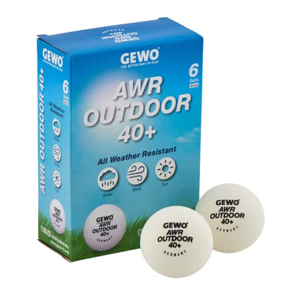 GEWO AWR Outdoor 40+ Table Tennis Balls - Water-Repellent Plastic Outdoor Table Tennis Balls for Outdoor Use, Weather-Resistant Training Table Tennis Balls, 40 + mm Diameter, Pack of 6