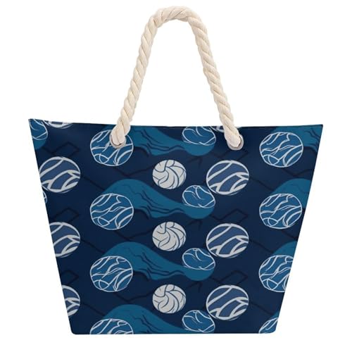 Blue Volleyball Handbag Large Capacity,Beach Bags with Hemp Rope Handles,Shoulder Bag with Zipper Compartments for Travel, Work, Gym