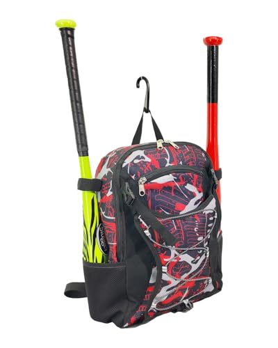 Youth Baseball Bat Bag Backpack, T-Ball & Softball Equipment Gear for Youth with Fence Hook, Lightweight Baseball Bat Backpack, Large Main Compartment for Helmet - color: Red