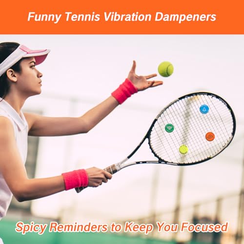 NIIIYTYB 4 Pcs Tennis Racquet Dampeners Funny Unique Silicone Dampener Tennis Dampers Racket Vibration Dampeners Fun Tennis Racket Dampers with Words Shock Absorbing Tennis Accessories