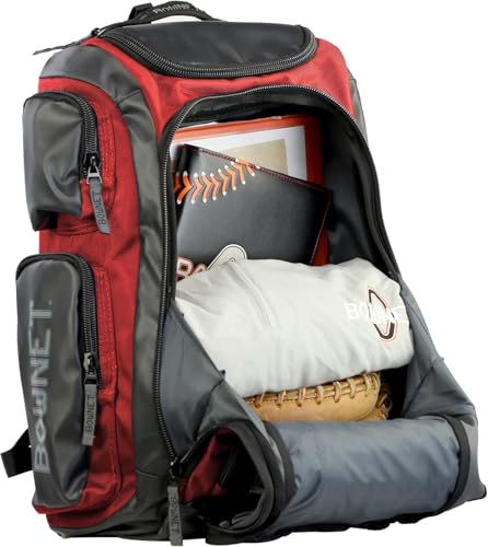 Bownet Commando Coaches Bat Bag – Baseball & Softball Backpack with Fungo Holder, 15.5” Laptop & Tablet Pocket, Large Gear Storage, Padded Straps, Youth & Adult, Scarlet - color: Scarlet