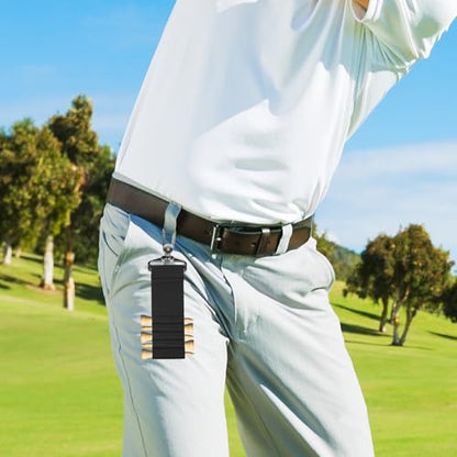 Golf Tee Holder Carrier with Keychain - Portable PU Leather Caddy Organizer for 5 Tees, Clip-on Golf Bag Accessories & Gifts for Men Women (Black)
