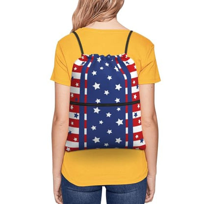 Patriotic Stars Stripes 4th of July Drawstring Bag, Memorial Day Independence Day Red Blue Waterproof Drawstring Bckpack for Gym Sports, Sackpack Bag with Front Zipper Pocket and Inside Zipper Pocket - color: Stars Stripes