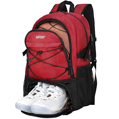 DAFISKY Basketball Backpack, Basketball Bag with Ball Holder Shoes Compartment, Sports Equipment Bag for Soccer Ball, Volleyball - color: Red