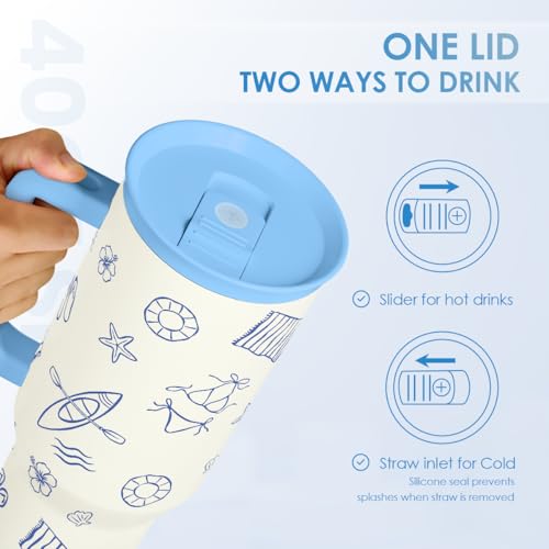 SANDJEST Beach 40oz Tumbler with Handle and Straw, Insulated Stainless Steel Travel Coffee Mug for Women Girls Beach Lovers, Gift Idea for Birthday Christmas Mothers Day Summer Vacation (Blue) - color: Beach Lover