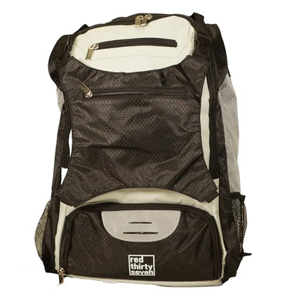 Baseball Backpack with Cleat Pocket | Large Capacity | 19.5" T x 14" W x 7.5" D | Holds 4 Bats | External Helmet Storage - color: Black / Gray