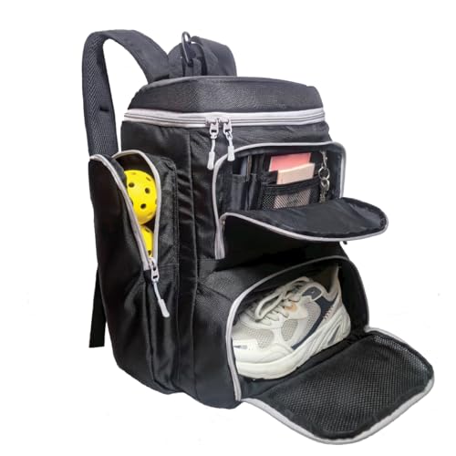 Pickleball Bag Deluxe Backpack Fits 4 Paddles and 10+ Balls - Shoe Compartment, Fence Hook, Storage Pockets, Adjustable Sling, Pickleball Accessories Equipment Bag