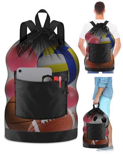 BROTOU Soccer Ball Bag with Double Shoulder Strap Large Mesh Sports Equipment Net Bag with Top Handle Heavy Duty Drawstring Bags Team Work for Basketball, Volleyball, Baseball, Swimming Gear - size: 17" X 27" (hold to 3 soccer ball)
