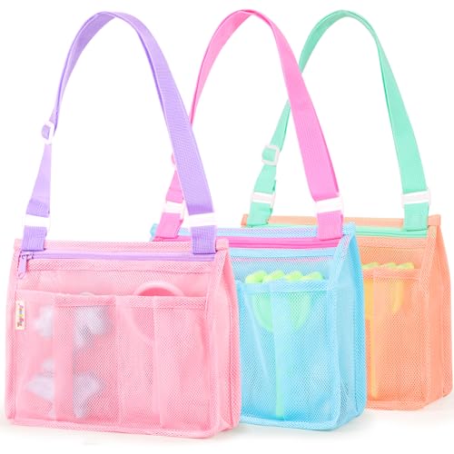 Tagitary Kids Beach Mesh Bag Set of 3, Shell Collecting Toy Bag with Adjustable Strap,2 Front Pockets, Zipper Closure for Beach Vacation, Quick Dry Sand Toys Storage for Boys Girls Toddlers