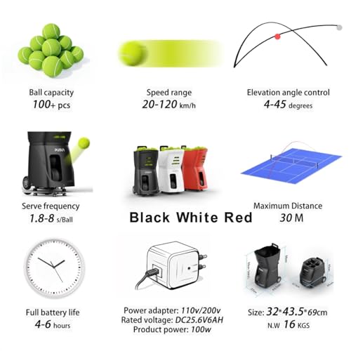 PT-SMART Tennis Ball Machine - Smart App for Apple Watch & Phone Control, Tennis Ball Launcher with 20 Landing Points, 12 Training Modes & 4-6h Battery Life, Tennis Serving Machine - color: Black
