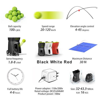 PT-SMART Tennis Ball Machine - Smart App for Apple Watch & Phone Control, Tennis Ball Launcher with 20 Landing Points, 12 Training Modes & 4-6h Battery Life, Tennis Serving Machine - color: Black