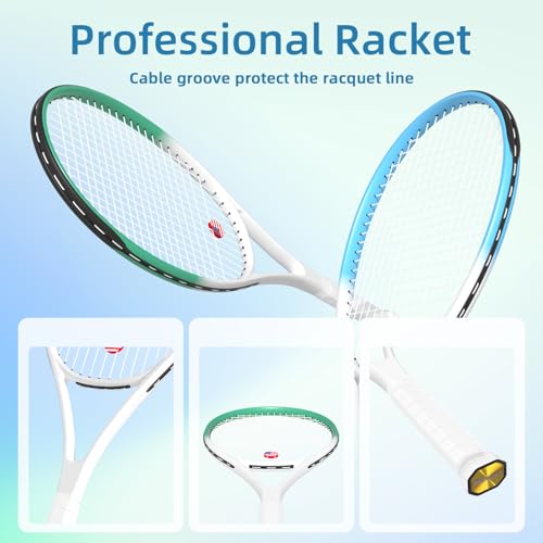 Adult 2 Player Tennis Racket Perfect for Beginner and Professional Players, 27” Speed Tennis Racquet Include Tennis Balls, Overgrips, Tennis Bag, Vibration Dampe, Cover - color: 2 Pcs White Blue Green