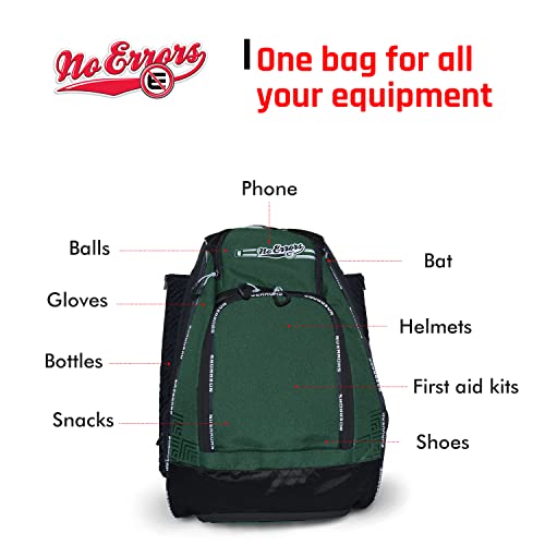 No Errors Sports RBP Rookie Baseball and Softball Backpack - Youth Baseball and Softball Bat Bag with Fence Hooks - Baseball and Softball Equipment Bag for Kids - color: Green