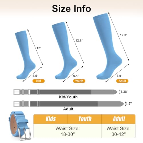 XZQTIVE Baseball Softball Socks and Baseball Softball Belt Combo Set Knee-High Soccer Socks for Kids Youth Adult - color: Baby Blue, size: Adult