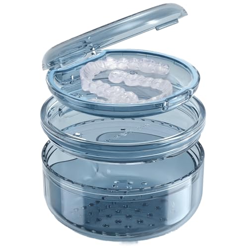 Denture Case Retainer Cleaning Case: 2 in 1 Retainer Case, No-Leak Denture Bath Box Cup, Complete Clean Care for Dentures, Clear Braces, Mouth Guard, Night Guard & Retainers - color: Blue