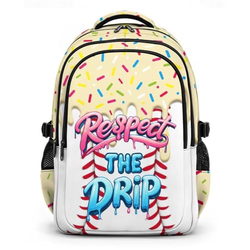 Baseball Drip Backpack Cool Sports Backpacks for School for Boys Girls, Durable Aesthetic Bookbag for Travel Home Camp Hiking - color: Beige