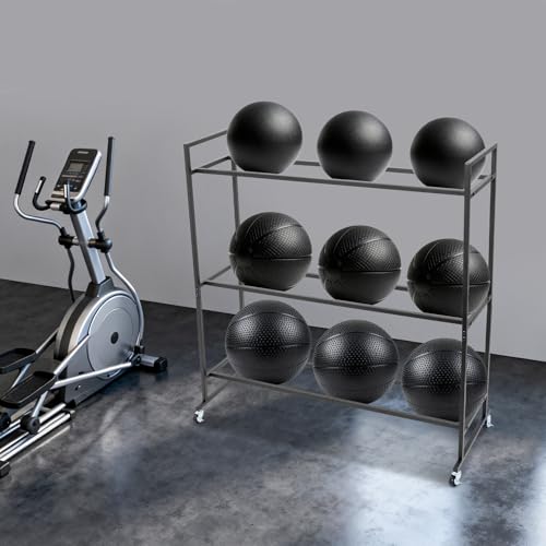 Rolling Medicine Ball Rack, 3-Tier Storage Cart Storage Stand with Handle and 4 Locking Wheels, for Home Gym and Studio, Black