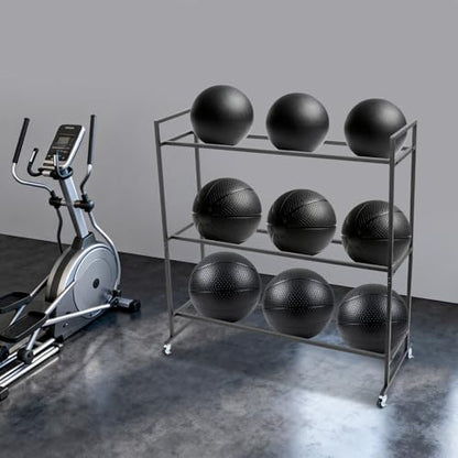 Rolling Medicine Ball Rack, 3-Tier Storage Cart Storage Stand with Handle and 4 Locking Wheels, for Home Gym and Studio, Black