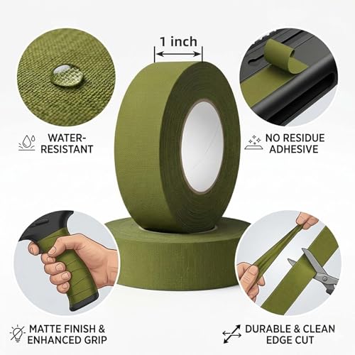 2 Rolls Magsaddle Gun Grip Tape, Non-Reflective, No Residue Goon Grip Tactical Tape for Pistol, Handgun, Rifle, Sports, Tool, Pull Up Bars, Handles, Bats, Rackets, Gym Equipment, Handrails - color: OD Green