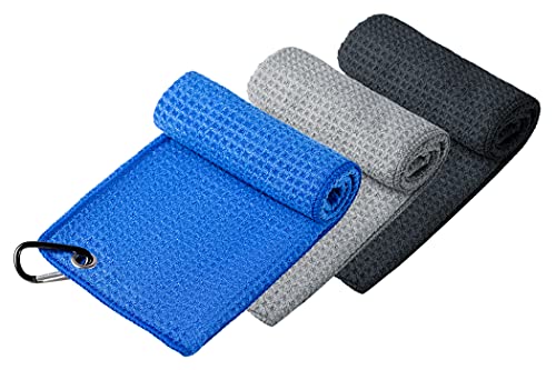 Handy Picks Microfiber Golf Towel (16" X 16") with Carabiner Clip, Waffle Pattern Golf Towel Hook and Loop Fastener - The Convenient Golf Cleaning Towel - color: Black/Grey/Blue