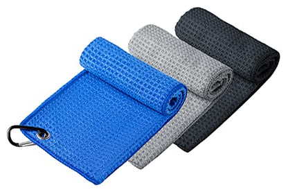 Handy Picks Microfiber Golf Towel (16" X 16") with Carabiner Clip, Waffle Pattern Golf Towel Hook and Loop Fastener - The Convenient Golf Cleaning Towel - color: Black/Grey/Blue