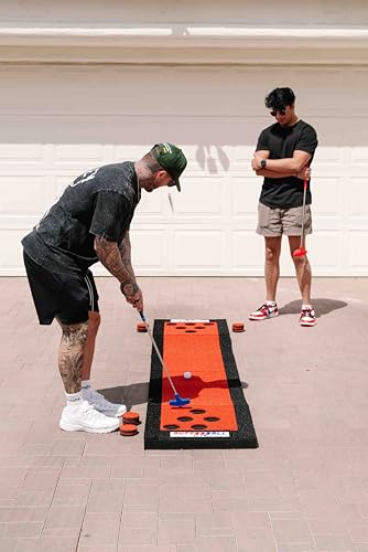 PutterBall Original Golf Putting Game Set – Backyard Putting Green Pong Style Golf Mat with 2 Putters, 2 Balls & Hole Covers - 9 ft - color: Red