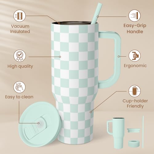 Checkered Tumbler with Handle 40oz, Mint Checker Cup Stainless Steel Insulated Tumblers Coffee Travel Mug Cups with Straw, Gifts for Women Girls Teen Birthday Christmas - color: Checker